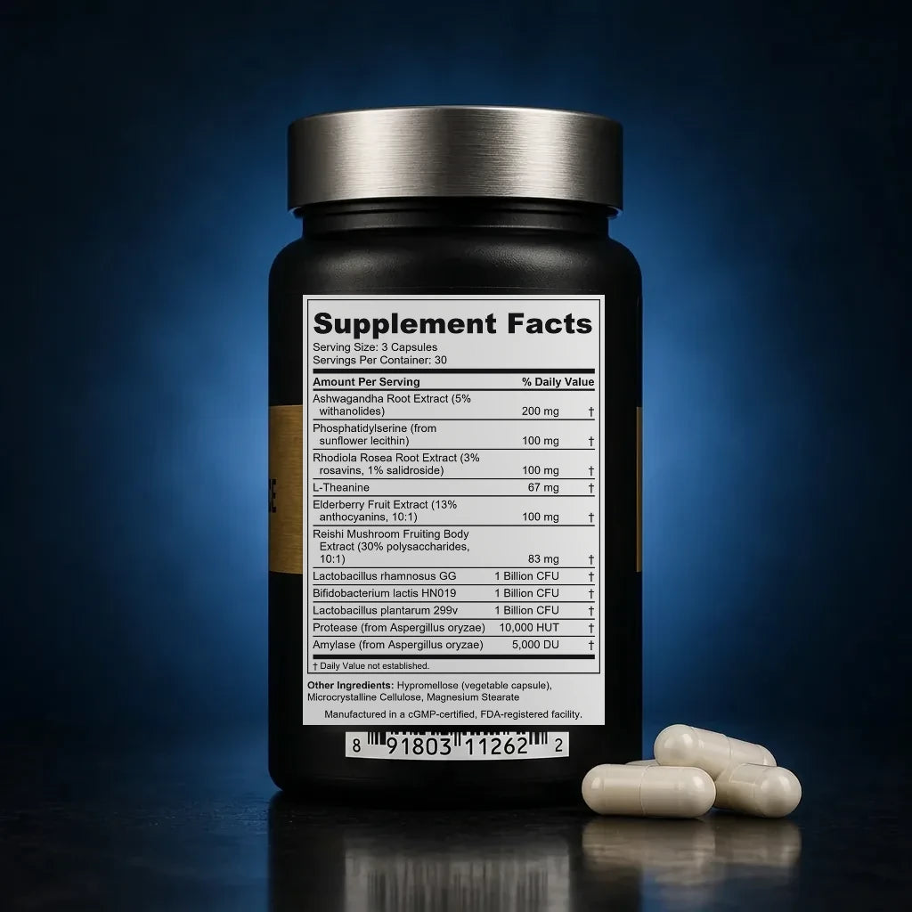Immune Defense & Cortisol Balance Capsules with Probiotics back label