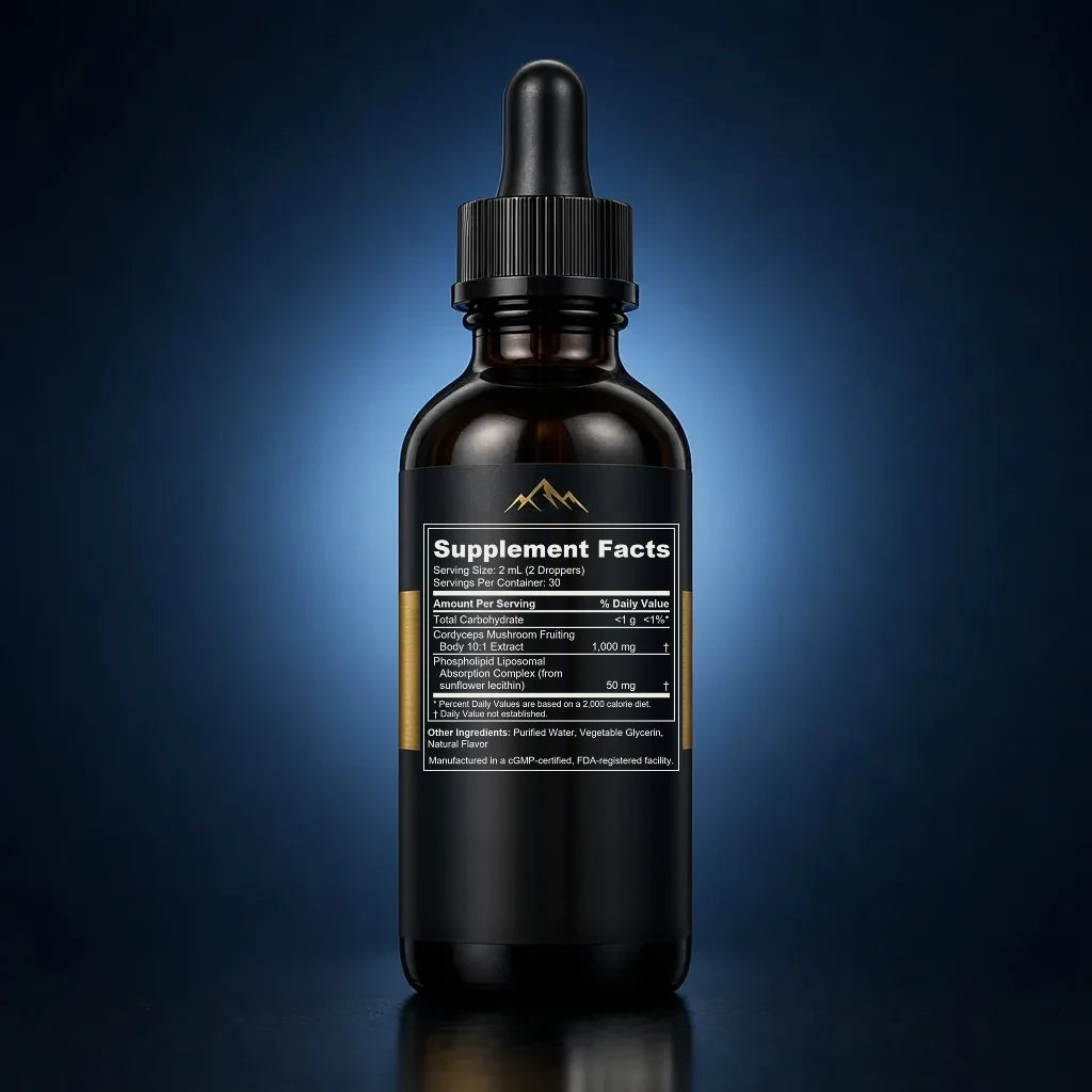 High-Potency Liposomal Cordyceps 10:1 Mushroom Extract Liquid back label